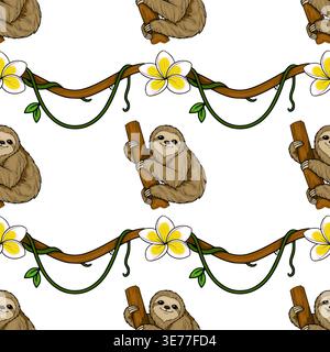 Adorable vector seamless pattern with cute sloths hanging on vines and plumeria flowers, jungle theme Stock Vector