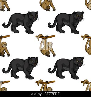 Seamless vector pattern with cartoon black panthers and monkeys hanging on branches Stock Vector