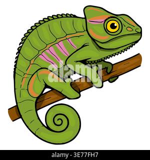 Green chameleon illustration on a branch, vector Stock Vector