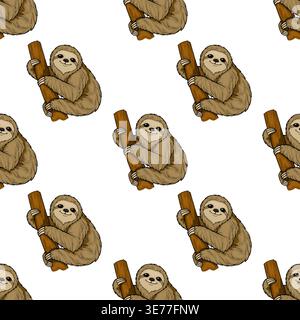 Adorable vector pattern of cute sloths hanging on tree branches, playful and whimsical illustration Stock Vector