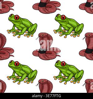 Seamless vector pattern of a green tree frog and a red cobra snake illustration, jungle wildlife theme Stock Vector