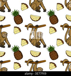 Playful monkey swinging on a branch with pineapple slices and whole pineapples seamless vector pattern Stock Vector