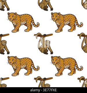 Seamless jungle pattern vector with playful leopards and monkeys hanging from branches, jungle vector illustration Stock Vector