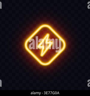 Glowing neon lightning symbol inside a diamond frame. Bright electric energy sign with warm yellow light on dark transparent background. Ideal for Stock Vector