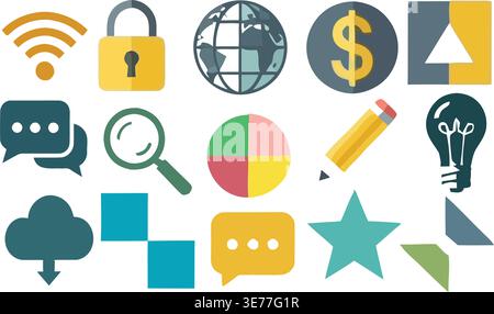 Assorted colorful objects and animals in basic geometric and flat design styles Stock Vector