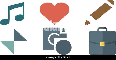 Simple geometric shapes and icons illustrating common concepts and objects Stock Vector
