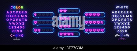Neon diamond rating bubbles glowing in bright colors. Luxury feedback icons showing different value levels on dark brick wall background Stock Vector