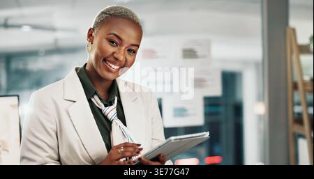 Black woman, tablet and smile with portrait in office for graphic design project at startup company. African person, designer and happy with tech Stock Photo