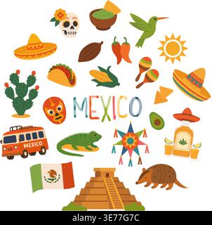 Mexican culture circular composition with traditional symbols, food, animals and festive icons Stock Vector