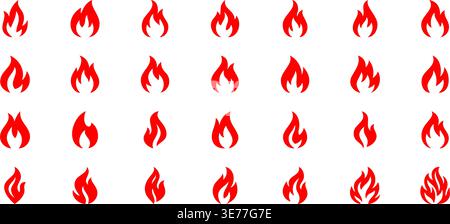 Set of 28 red fire flame icons isolated on white background. Vector burning flame symbols for hot, heat, energy and fire concept design Stock Vector