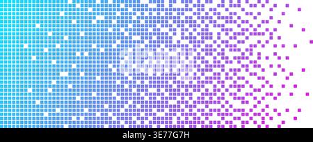 Neon AI pixel fade gradient bg. Blue and purple gradient background. Abstract digital pattern with square elements grid. Vibrant futuristic cyber Stock Vector