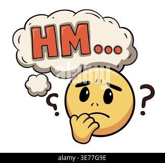 Thinking emoji with Hm lettering and icons, colorful expression illustration Stock Vector