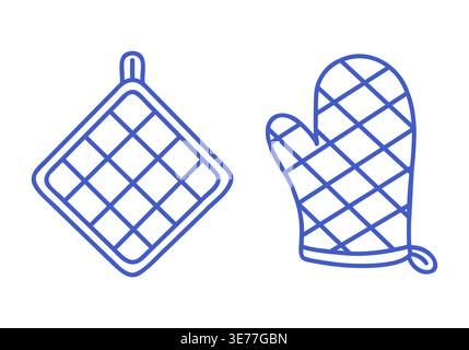 Heat protection set of simple isolated illustrations. Blue line kitchen vector icons on white background. Stock Vector