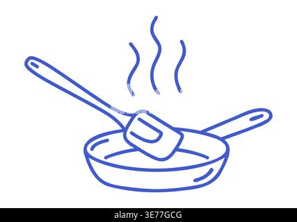 Spatula in frying pan in blue line art style. Hand drawn icon of Cooking process. Outline vector isolated illustration.  Stock Vector