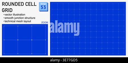 Blueprint grid system rounded cell geometry, zoom detail view. Smooth junction structure demonstration, engineering diagrams dashboards planning layouts interface systems digital graphics.  Stock Vector