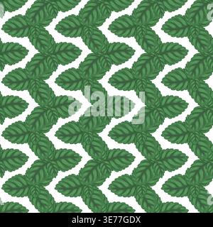 Mint leaf geometric vector seamless pattern. Hand drawn cartoon green peppermint on white background. Organic herbal tea for restaurant menu design. Natural botanical textile for kitchen wallpaper. Stock Vector