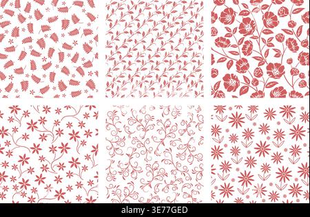 Seamless Vector Botanical Pattern Set Isolated On A White Background. Horizontally And Vertically Repeatable. Stock Vector