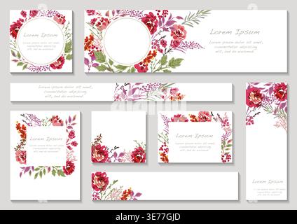Set of Watercolor Color Floral Frames And Backgrounds With Text Space Isolated On A Gray Background. Vector Illustration. Stock Vector