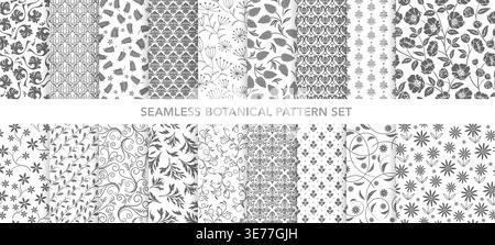 Seamless Vector Botanical Pattern Set Isolated On A White Background. Horizontally And Vertically Repeatable. Stock Vector