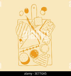 Hand drawn vector illustration of a wooden board with various cheese types crackers and olives. Minimalist doodle graphic of a gourmet snack platter Stock Vector