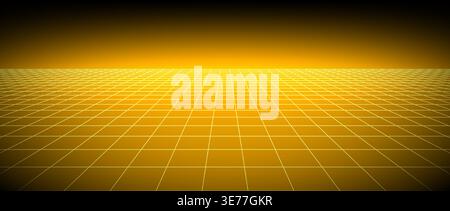 Yellow glow neon wireframe background. Bright shining checkered grid floor plane in perspective. Golden retro futuristic horizon wallpaper. Arcade game sci fi matrix landscape surface. Vector backdrop Stock Vector