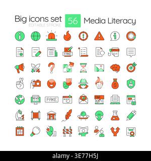 Media literacy line color icons set Stock Vector