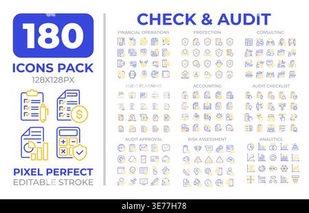 Check and audit two color line icons set collection Stock Vector