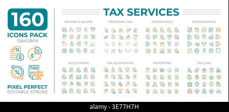 Taxes services two color line icons set collection Stock Vector