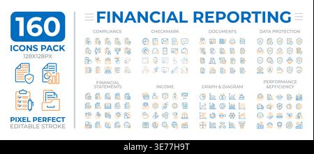 Financial reporting two color line icons set collection Stock Vector
