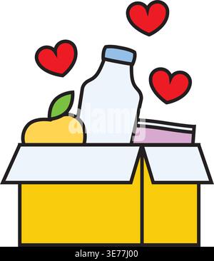 Food donation charity icon – meal box with heart symbol for humanitarian aid. Stock Vector