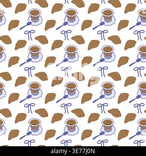 Hand drawn Croissant and Coffee Cup on saucer in grayscale. Morning slow life Minimal design element. Isolated Vector illustration Sticker Icon Coffee Related or Mood Content Greeting Cards, leaflets Stock Vector