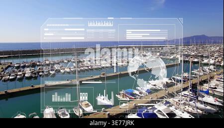 Displaying marina with moored sailboats and motorboats floating from above, with AR HUD panels Stock Photo