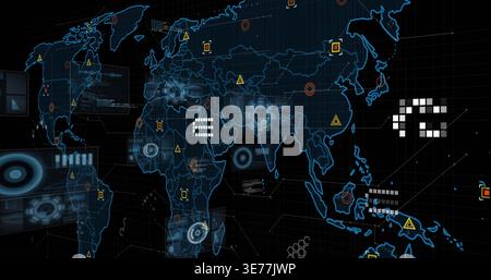 Displaying stylized blue world map showing holographic HUD and scanning rings over neon 3D grid Stock Photo