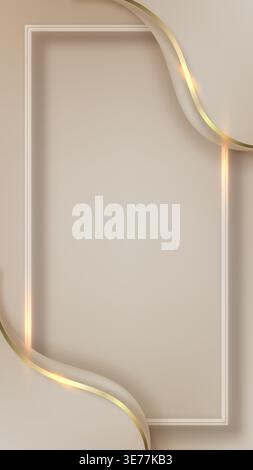 Abstract luxury beige background with golden glowing lines and fluid 3D wavy shapes in minimalist frame for premium brand identity and elegant social Stock Vector