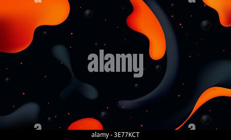 abstract fluid background with orange and black glowing liquid blobs and futuristic 3d shapes for modern digital design Stock Vector