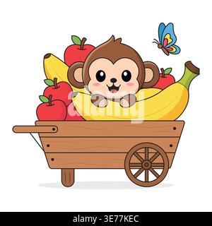 Monkey Sitting in Wooden Cart Full of Fresh Fruits with Butterfly Cartoon Character Illustration Stock Vector