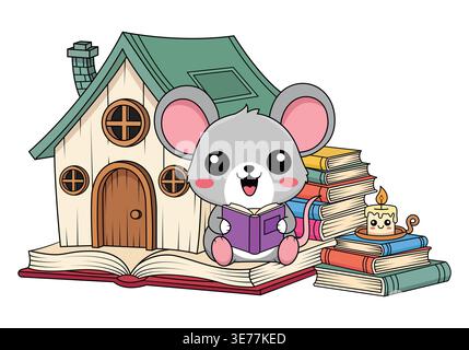 Little Mouse Reading Storybook Near Tiny Cottage House with Stack of Books Illustration Stock Vector