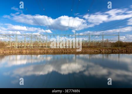 Electrical substation at Lech river canal near Meitingen, Bavaria, Germany Stock Photo
