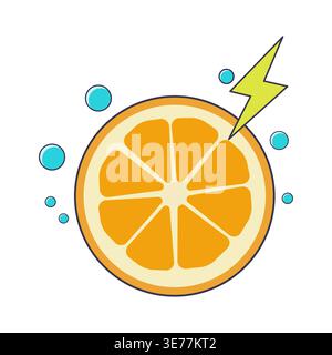 Electric Orange Fruit Slice With Lightning Bolt And Bubbles Stock Vector