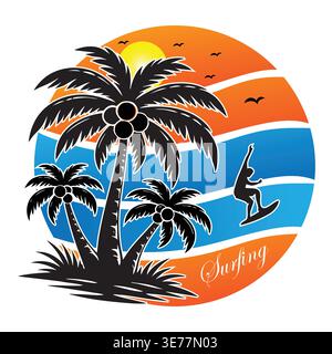 Surfing Tropical Sunset Vector – Palm Trees, Ocean Waves, and Summer Beach Vacation Illustration Stock Vector