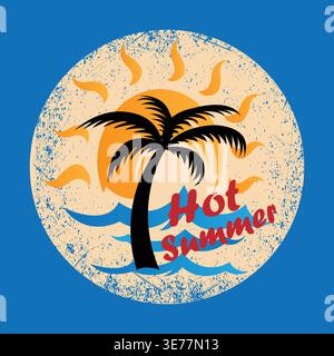 Hot Summer Vintage Design – Palm Tree, Sun, and Ocean Waves Retro Tropical Beach Vector Illustration Stock Vector