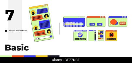 Basic chat and system neo brutalism pop-up UI window pack Stock Vector