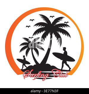 Surfing Club Logo with Palm Trees and Surfers Silhouette Tropical Beach Vector Badge Design Stock Vector