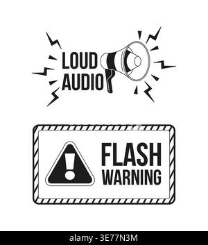 Loud audio and flash warning black and white label signs set Stock Vector