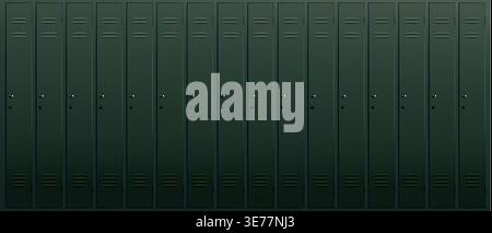 Green metal lockers row, dark school corridor wall texture. Lockers backgrounds for education, gym, workplace posters, websites, UI mockups. Vector Stock Vector