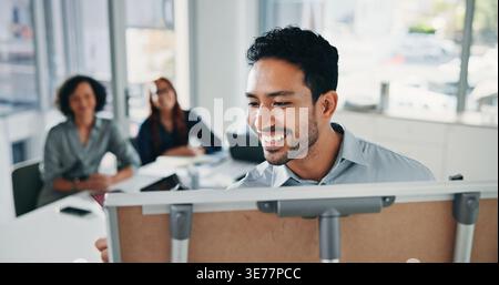 Happy, businessman and writing with team on whiteboard in office for coaching or presentation. Man, speaker or smile with group of employees for staff Stock Photo