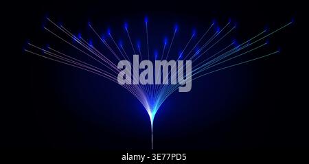 Futuristic fiber optic data rays, neon lines, glowing nodes on dark background. Data streams design for AI, telecom, fintech, cybersecurity headers Stock Vector