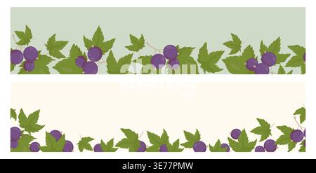Blackcurrant Seamless Border Set. Branches Purple Berries with Leaves on Light and Green Background. Isolated Botanical Horizontal template Ornament. Stock Vector