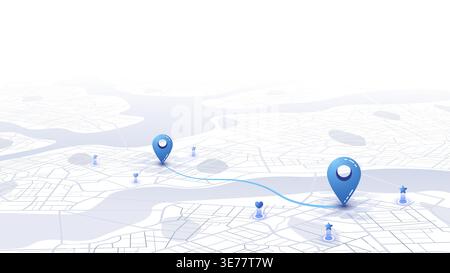 Minimalist 3D city map with GPS navigation route and destination pins. Abstract urban landscape blue tones, showing a planned travel path across river Stock Vector