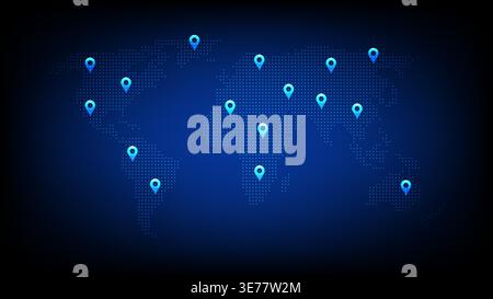 Technology world map with blue location pins representing global connections and international network coverage Stock Vector